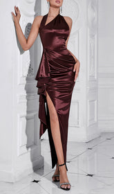 Burris Halter Ruched Satin Maxi Dress with High Slit