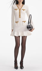 Elegant Cream Lurex Knit Mini Dress with Gold Embellishments