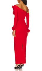 Cai Red Floral One-Shoulder Long Sleeve Maxi Dress