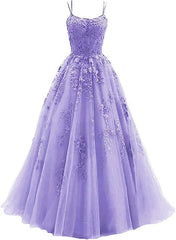 Lavender A-line Tulle with Lace Long Party Dress