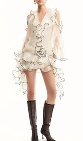 Eudoxie Chic White Ruffle Mini Dress with Sheer Sleeves & Contrast Rose Detail