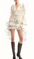 Eudoxie Chic White Ruffle Mini Dress with Sheer Sleeves & Contrast Rose Detail