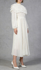 Julisa Ivory Ruffle Pleated Midi Dress