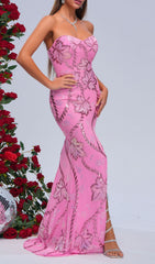 Filia Dazzling Pink Sequin Strapless Slit Maxi Dress