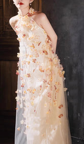 Ethereal Blossom Halter Mesh Maxi Dress