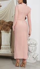 Elegant Blush Pink Cutout Long Sleeve Bodycon Maxi Dress with High Slit