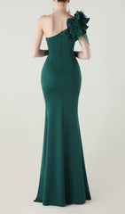 Ijlal Emerald Green One-Shoulder Ruffle Slit Maxi Gown