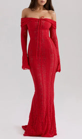 Jolene Red Lace Off-Shoulder Maxi Dress