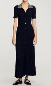 Eliana Embellished Lapel Ribbed Knit Maxi Dress