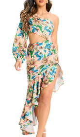 Javen Tropical Floral One-Shoulder Cutout High-Low Dress