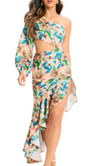 Javen Tropical Floral One-Shoulder Cutout High-Low Dress