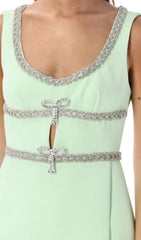 Glamorous Mint Green Diamante Bow Mini Dress with Chic Cut-Out