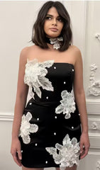 Bickford Black Strapless Floral Lace & Pearl Mini Dress