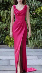 Fuchsia Pink Satin Cowl Neck Maxi Dress with Rose Detail & Thigh Slit