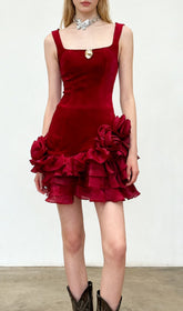 Fern Velvet Rose Ruffle Mini Dress