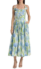 Kaari Whimsical Allium Bloom Midi Dress with 3D Appliques & Pockets