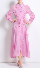 Holly Blossom Pink 3D Floral Midi Shirt Dress