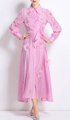 Holly Blossom Pink 3D Floral Midi Shirt Dress