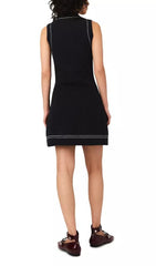 Chic Black Topstitched Knit Shift Dress with Gold Buttons