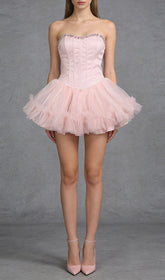Jasmijn Pink Sparkle Strapless Corset Tulle Mini Dress