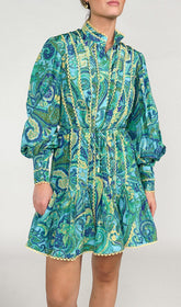 Vibrant Paisley Ruffle Long Sleeve Mini Dress