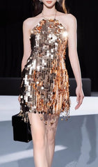 Chanita Gold Sequin Backless Halter Mini Dress