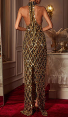 Liora Opulent Gold Sequin Crystal Halter Maxi Dress