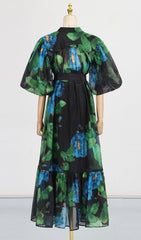 Vibrant Floral Button-Down Puff Sleeve Midi Dress