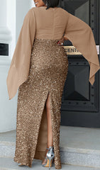 Bayarma Plus Size Glamorous Gold Sequin V-Neck Maxi Dress