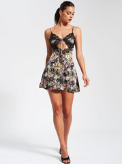 Elegant Floral Satin Mini Dress with Lace Trim & Tie-Front Keyhole