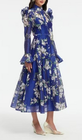 Gavrila Chic Blue Floral Sheer Ruffle Midi Dress