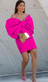 Baara Fuchsia Bow Off-Shoulder Mini Dress