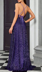 Halle Glamorous Purple Sparkle High-Low Maxi Dress
