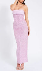 Alazne Glamorous Purple Sequin & Pearl Strapless Maxi Dress
