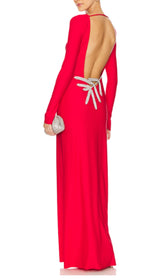 Show-Stopping Basma Red Long Sleeve Backless Maxi Dress with Elegant Embellishment