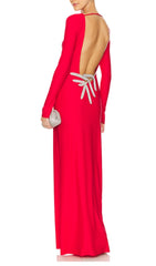 Show-Stopping Basma Red Long Sleeve Backless Maxi Dress with Elegant Embellishment