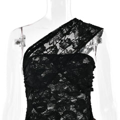 Raelira Glamorous One-Shoulder Lace & Leopard Print Maxi Dress