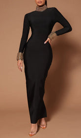 Bambina Black Embellished Mock Neck Open Back Maxi Dress