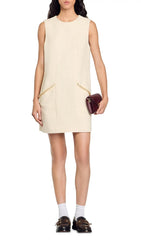 Lovana Elegant Tweed Sleeveless Shift Dress with Dazzling Rhinestone Pockets