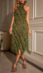 Akemi Green Halterneck Backless Fringe Midi Dress