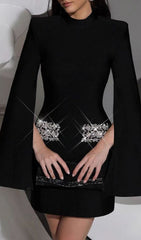 Irida Glamorous Black Diamante Flared Sleeve Mini Dress