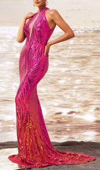 Darien Dazzling Pink Ombre Sequin Halter Mermaid Gown