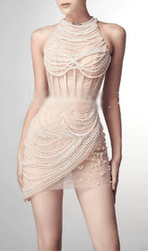 Demetria Apricot Pearl Halter Corset Mesh Mini Dress