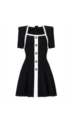 Gudrun Chic Black & White Square Neck Knit Mini Dress with Gold Button Accents