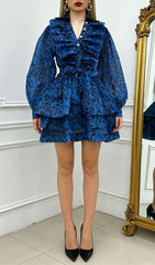 Jennica Electric Blue Leopard Print Ruffle Mini Dress with Tie-Waist