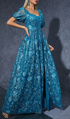 Stunning Dione Blue Floral Lace Maxi Dress with Puff Sleeves & Slit