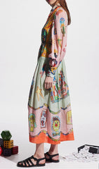 Ceara Whimsical Art Print Long Sleeve Midi Shirt Dress