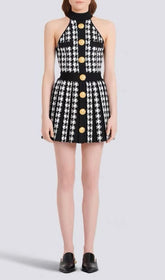 Fusayo Bold Houndstooth Halter Mini Dress with Gold Buttons