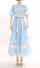 Jerilyn Dreamy Blue Lace Puff-Sleeve Tiered Midi Dress for Women