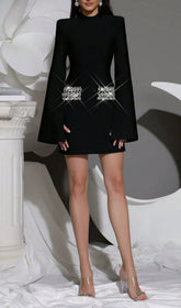 Irida Glamorous Black Diamante Flared Sleeve Mini Dress